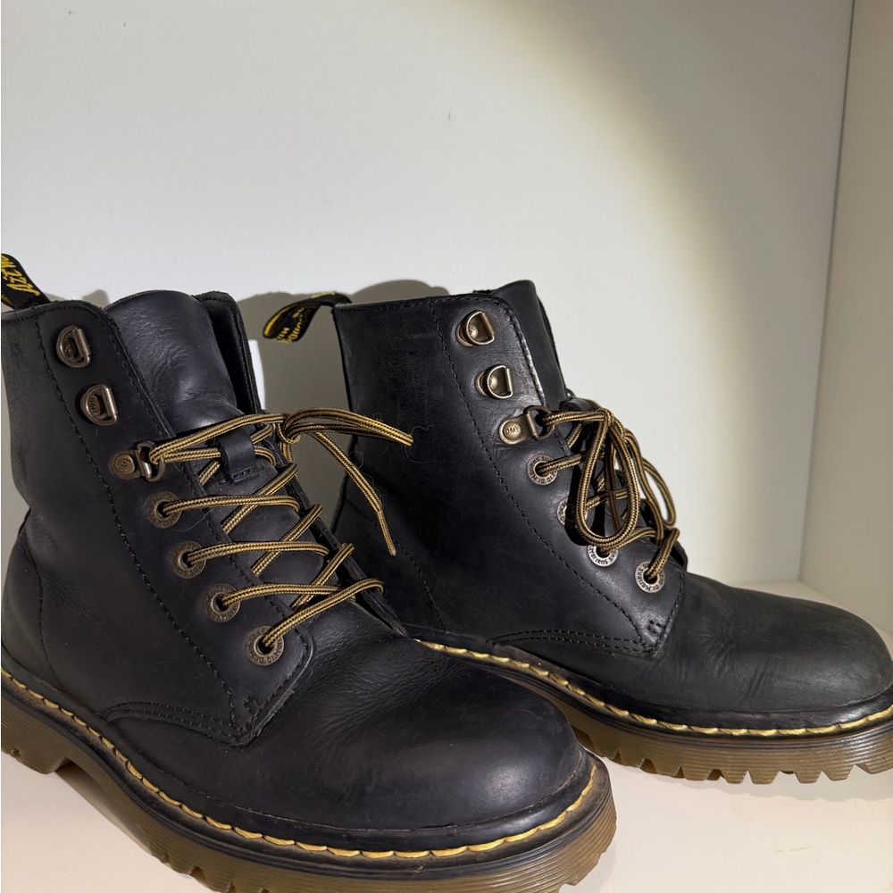 Dr. Martens Black Leather Lace-Up Ankle Boots with Yellow Stitching